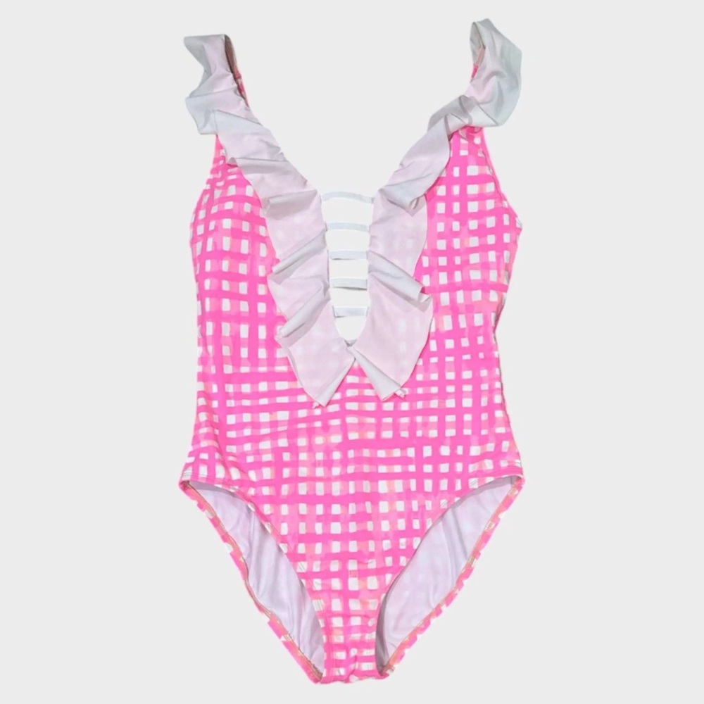 Lilly Pulitzer Pink and White Gingham One Piece Carmen Swimsuit in Feelin Beachy